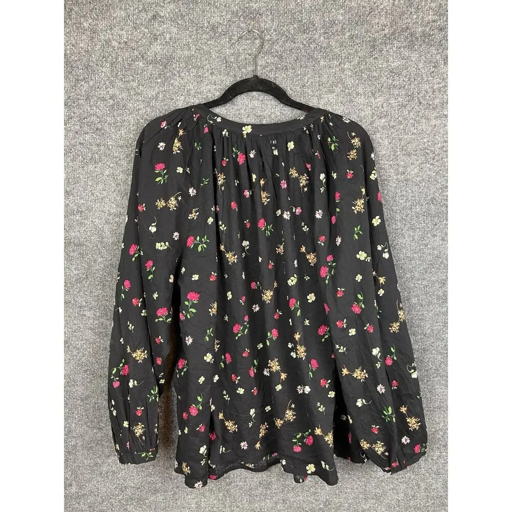 Old Navy Blouse 2X Plus Dark‎ Floral Boho Flowy Puff Sleeve Tassel Peasant Tunic